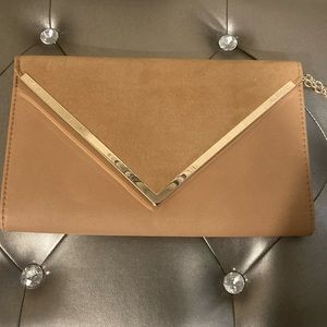 Camel Suede Clutch with Gold Chain